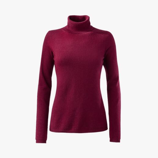 Pull en cachemire bordeaux avec col montant, vu de face.