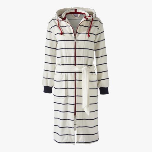 Peignoir à fermeture à glissière Carl Ross Seyant sûr sans ouverture accidentelle. Enfin terminé les manches bien trop larges ! Robe de bain rayée avec capuche et fermeture éclair en blanc et bleu.