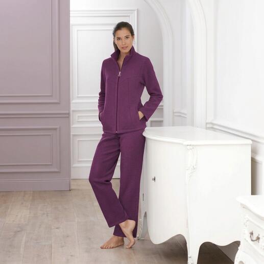 Homesuit en polaire violet pour femmes, avec fermeture éclair et poches.