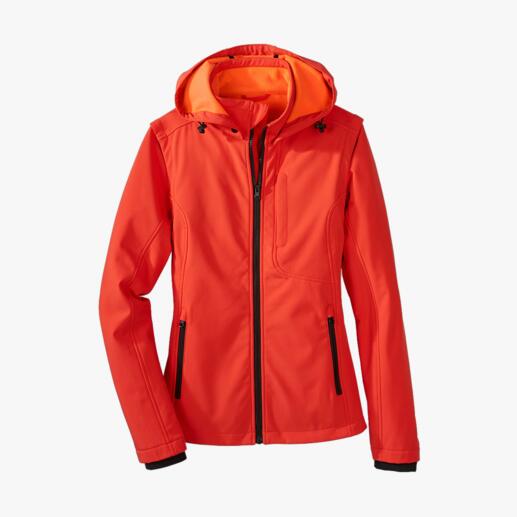Veste softshell rouge avec capuche et fermeture éclair, présentée sous plusieurs angles.