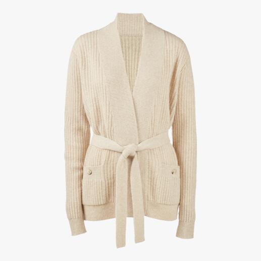 Cardigan à maille côtelée avec ceinture à nouer Le cardigan plat et féminin parmi les vestes en maille côtelée tendance. Ennobli de cachemire.