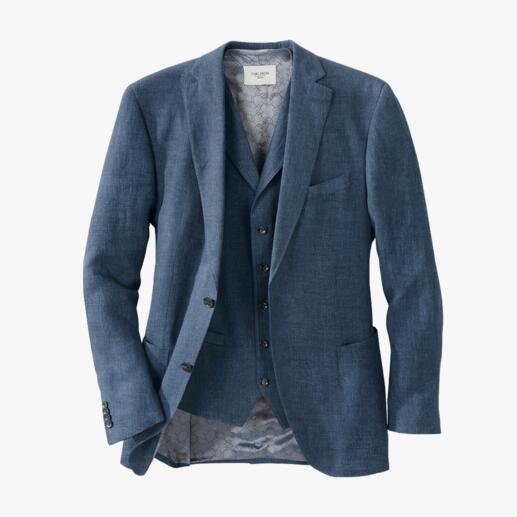 Veste en lin d'une couleur bleu clair, présentée ouverte.