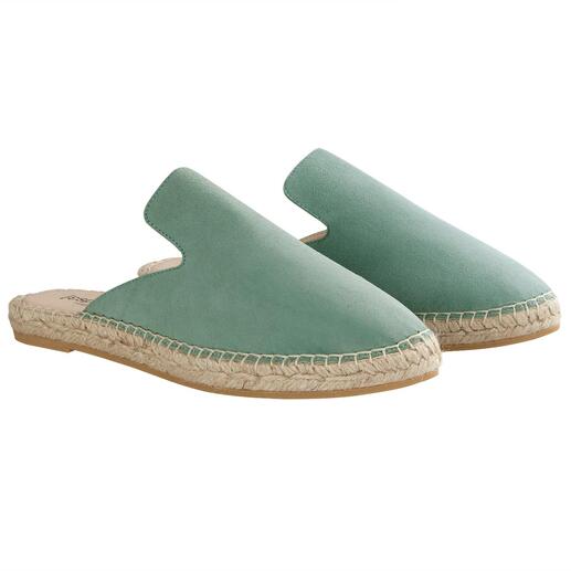 Mules en velours vert, taille 36, avec détail en jute tressé
