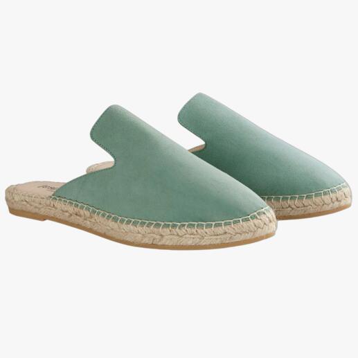 Mules en velours vert, taille 36, avec détail en jute tressé