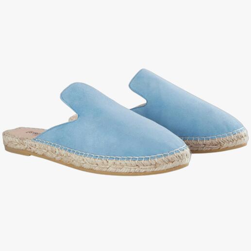 Paire de mules en velours bleu, taille 36, avec détail en jute tressé
