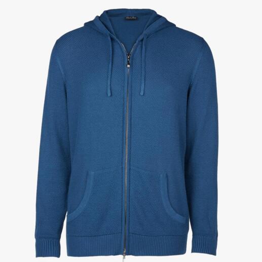 Hoodie en maille fine bleu marine avec fermeture éclair et poches.