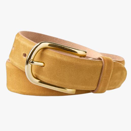 Ceinture en cuir bio marron pour femme avec boucle dorée.