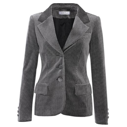 Vue de face du blazer en velours pied-de-poule.
