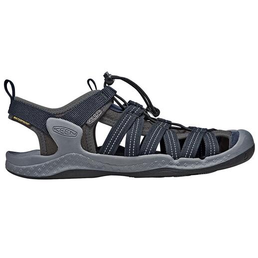Sandales de trekking KEEN Vue latérale de la sandale de randonnée KEEN® en bleu foncé avec cordon.