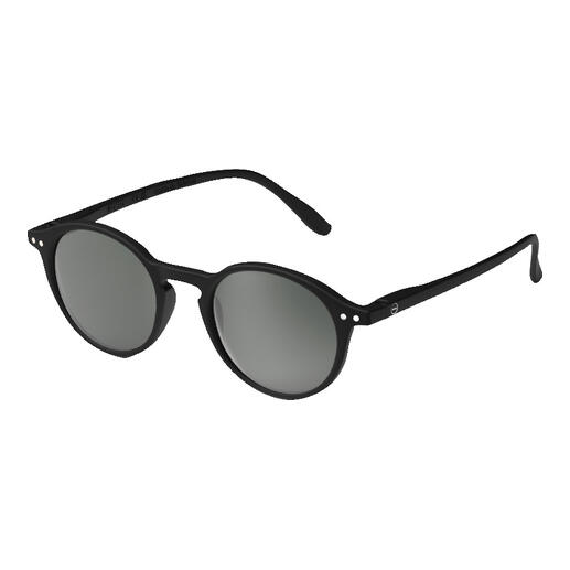 Lunettes de soleil noires avec verres ronds et monture en plastique fin.