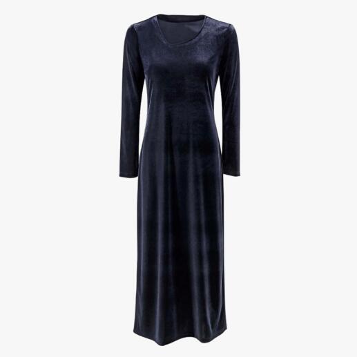 Robe en velours bleu marine avec manches longues et décolleté en V.