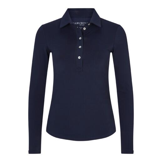Polo shirt d'hiver bleu marine à manches longues et patte de boutonnage sur un fond blanc.