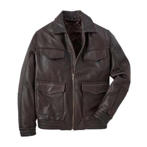 Blouson utility en cuir d'élan avec deux poches plaquées, présenté ouvert
