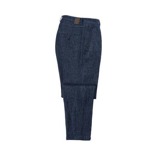 Pantalon en lin de couleur indigo vu de côté, avec une poche arrière.