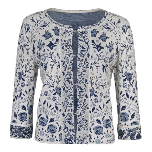 Cardigan fleuri avec des boutons et motif floral.
