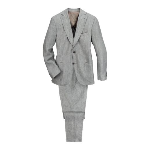 Gris moyen, Veste et Pantalon Costume en lin gris, composé d'une veste et d'un pantalon, sur un fond blanc.