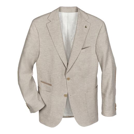 Veste en lin beige business présentée ouverte et portée de manière décontractée sur un fond blanc.