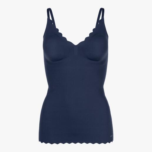 Top de soutien-gorge bleu foncé avec décolleté en V et larges bretelles.