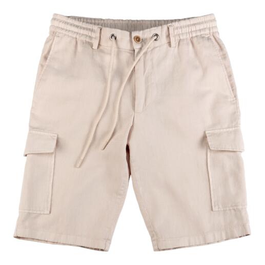 Shorts cargo en chanvre beige avec taille élastique et style décontracté.