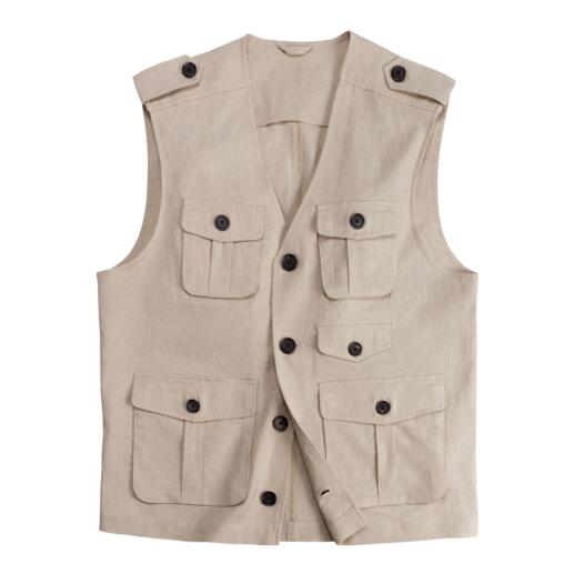 Gilet safari en lin beige, vue de face avec boutons