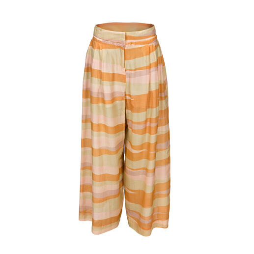 Pantalon avec motif en rose, vanille, moutarde et vert tendre.