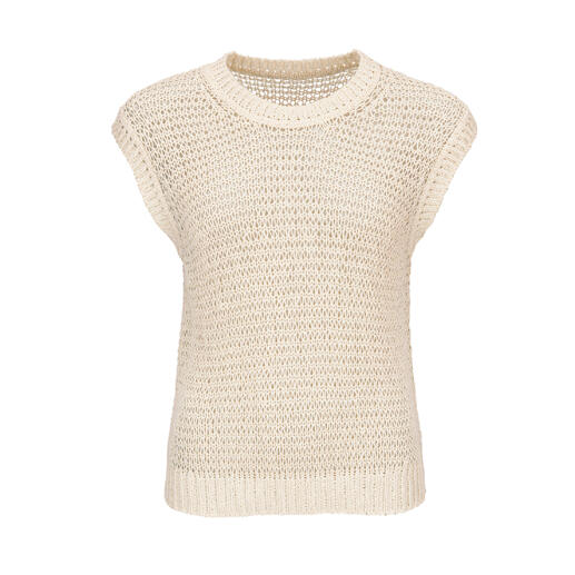 Pull beige en mesh à manches courtes en coton léger.