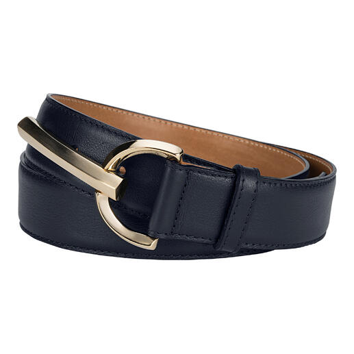 Ceinture de luxe pour femme de Ludwig Schröder en bleu foncé avec boucle dorée.
