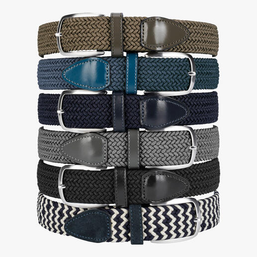 Six ceintures élastiques de différentes couleurs, y compris bleu denim.