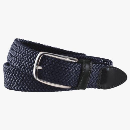 Ceinture élastique bleu marine en matériau tressé avec boucle argentée.