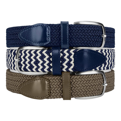 Trois ceintures élastiques en bleu, beige, et marine avec différentes boucles en métal