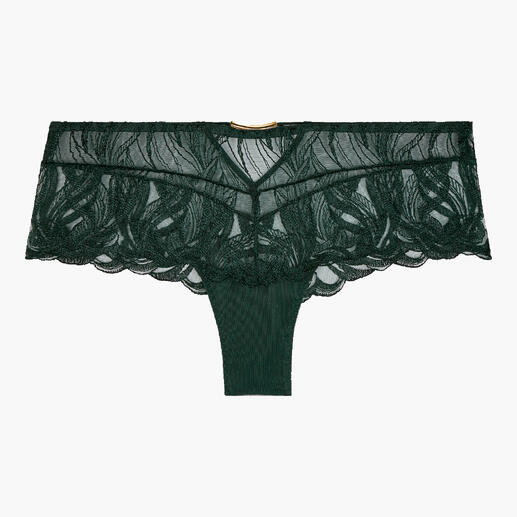 Slip Aubade vert avec dentelle sur fond blanc.