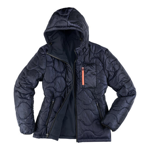 Veste réversible en softshell avec design matelassé, capuche et fermeture éclair.