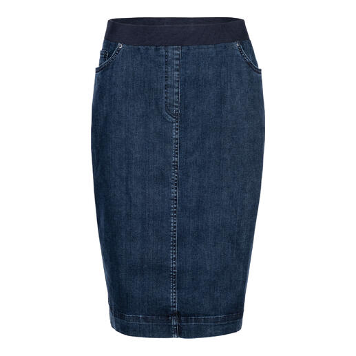 Vue de face d'une jupe en jean bleu avec taille élastique et coupe étroite.