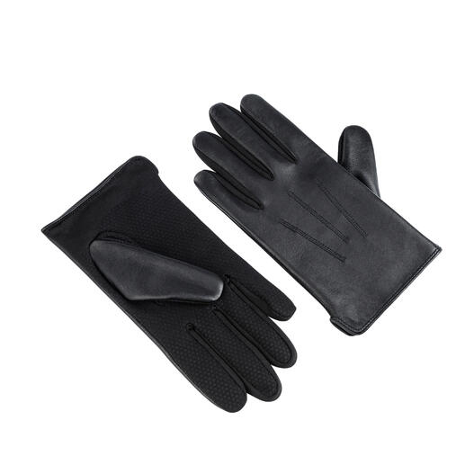 Gants en cuir noirs sur fond blanc, une main ouverte.