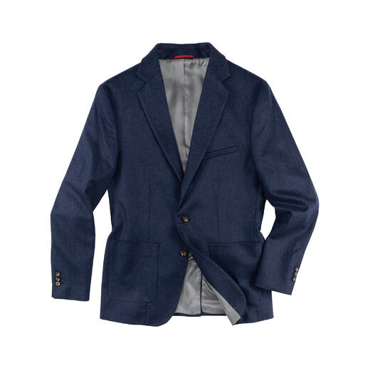 Veste en flanelle de cachemire bleu foncé, vue de face avec revers ouvert.