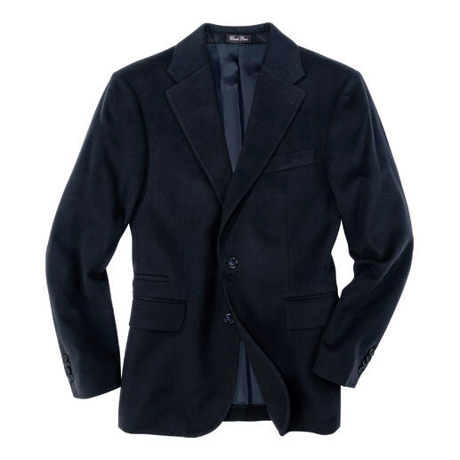 Blazer en vicuña noir, vue de face avec revers étroits.