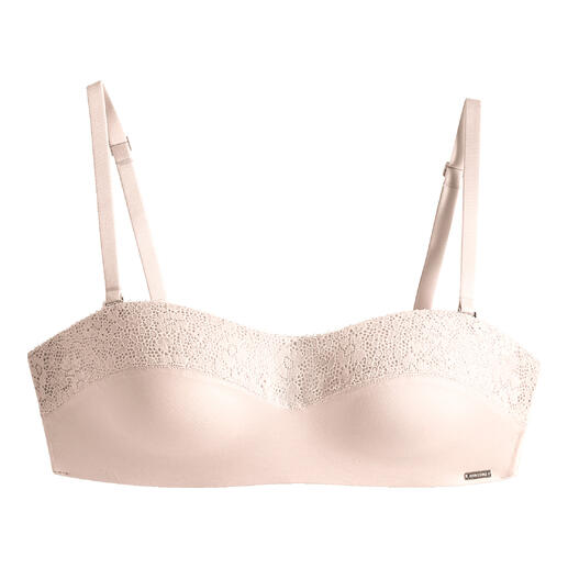 Soutien-gorge sans bretelles rose clair avec dentelle, sur fond blanc.