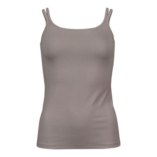 Top en gris pierre, avec bretelles fines, taille 36.