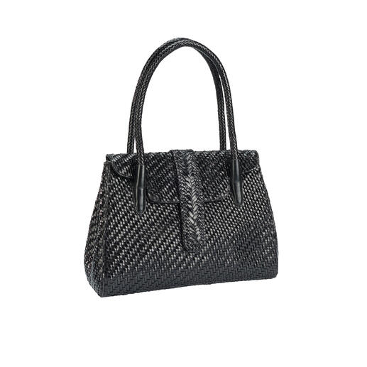 Sac tote en cuir tressé Allan K en noir, debout.