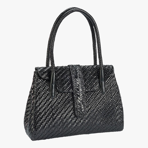 Sac tote en cuir tressé Allan K en noir, debout.