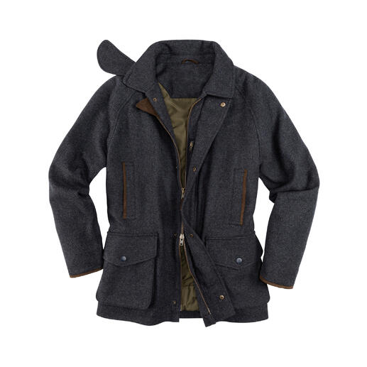 Manteau de chasse Alan Paine en tissu gris avec plusieurs poches et accents bruns.