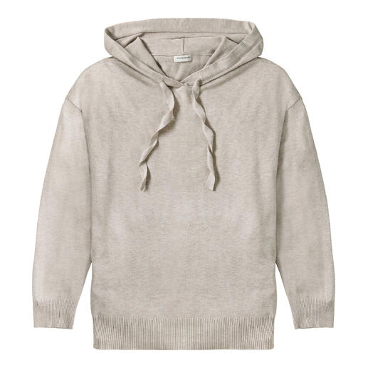 Hoodie beige avec poche kangourou et lacets torsadés.