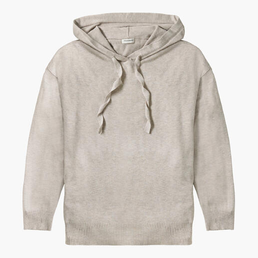 Hoodie beige avec poche kangourou et lacets torsadés.