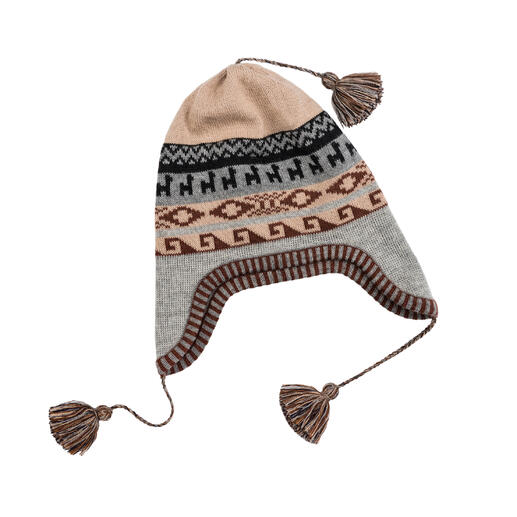 Bonnet peruien avec des motifs géométriques et des pompons en beige, gris et marron.