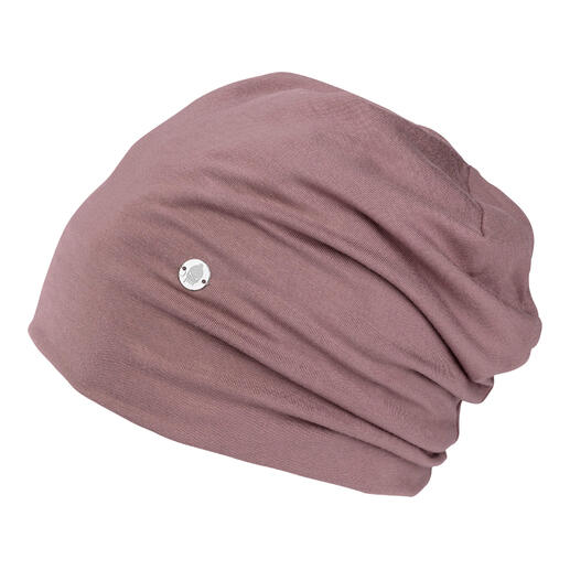 Bonnet en bambou rose vu de côté avec logo.