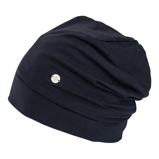 Bonnet en bambou bleu marine vu de côté avec logo.