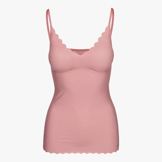 Top de lingerie rose avec bord en dentelle vu de devant.