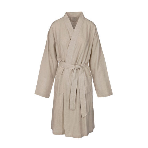 Robe de bain kimono beige vue de face sur fond blanc.