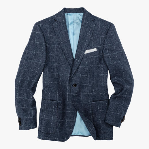 Veste Panama bleue Carl Gross avec doublure grise, drapée de manière décontractée.
