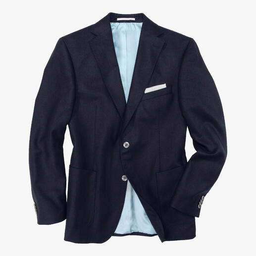 Veste en soie Carl Gross en bleu foncé avec doublure grise, légèrement ouverte.